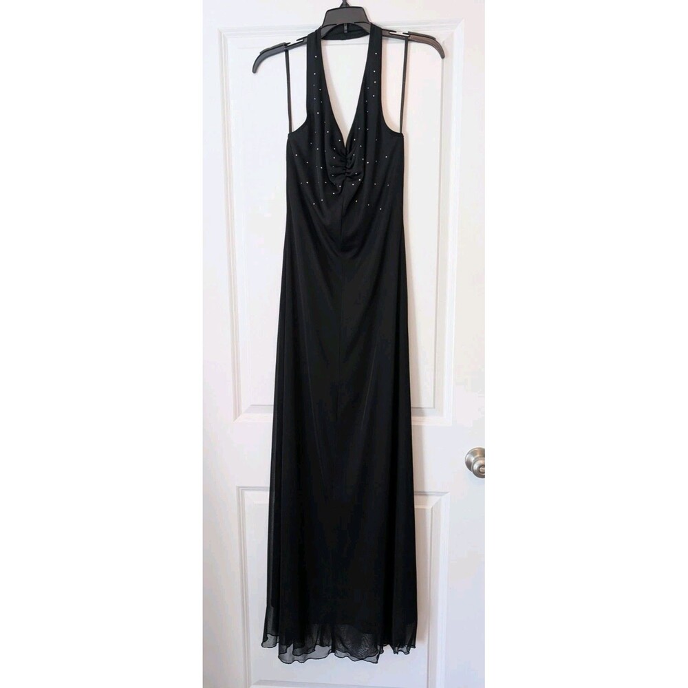 Vintage 90s Y2K Size 4/6? Black Halter Rhinestone V-Neck Ruched Formal Dress